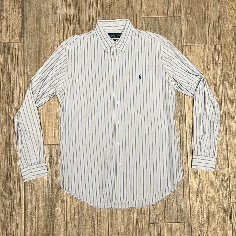 Ralph Lauren Button Down Shirt Blue with Grey Stripes Size L